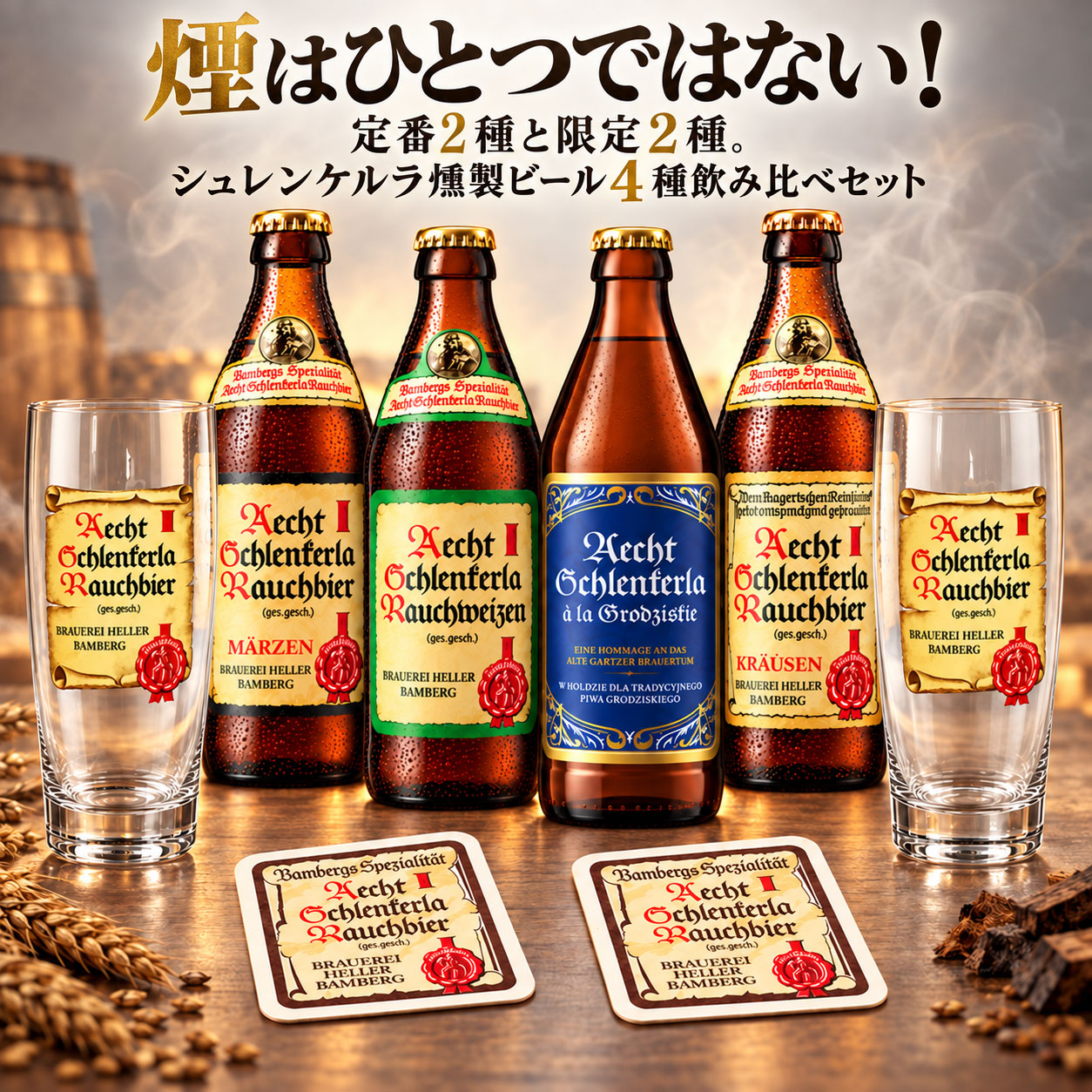 ★贈答ギフト★燻製ビール500mL 4種飲み比べセット（専用ペアグラス+コースター2枚付）